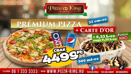 Pizza King 11 - 32cm prémium pizza jégkrémmel és üdítővel - Jégkrém menük - Online rendelés